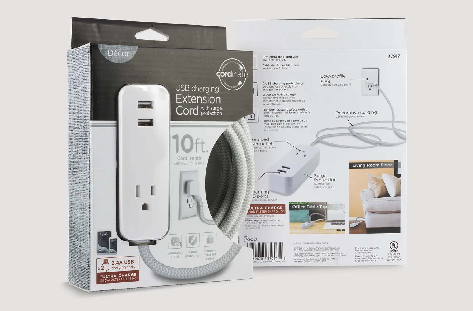 Packaging for a gray 10ft. USB extension cord with a braided fabric cable is displayed against a neutral background.