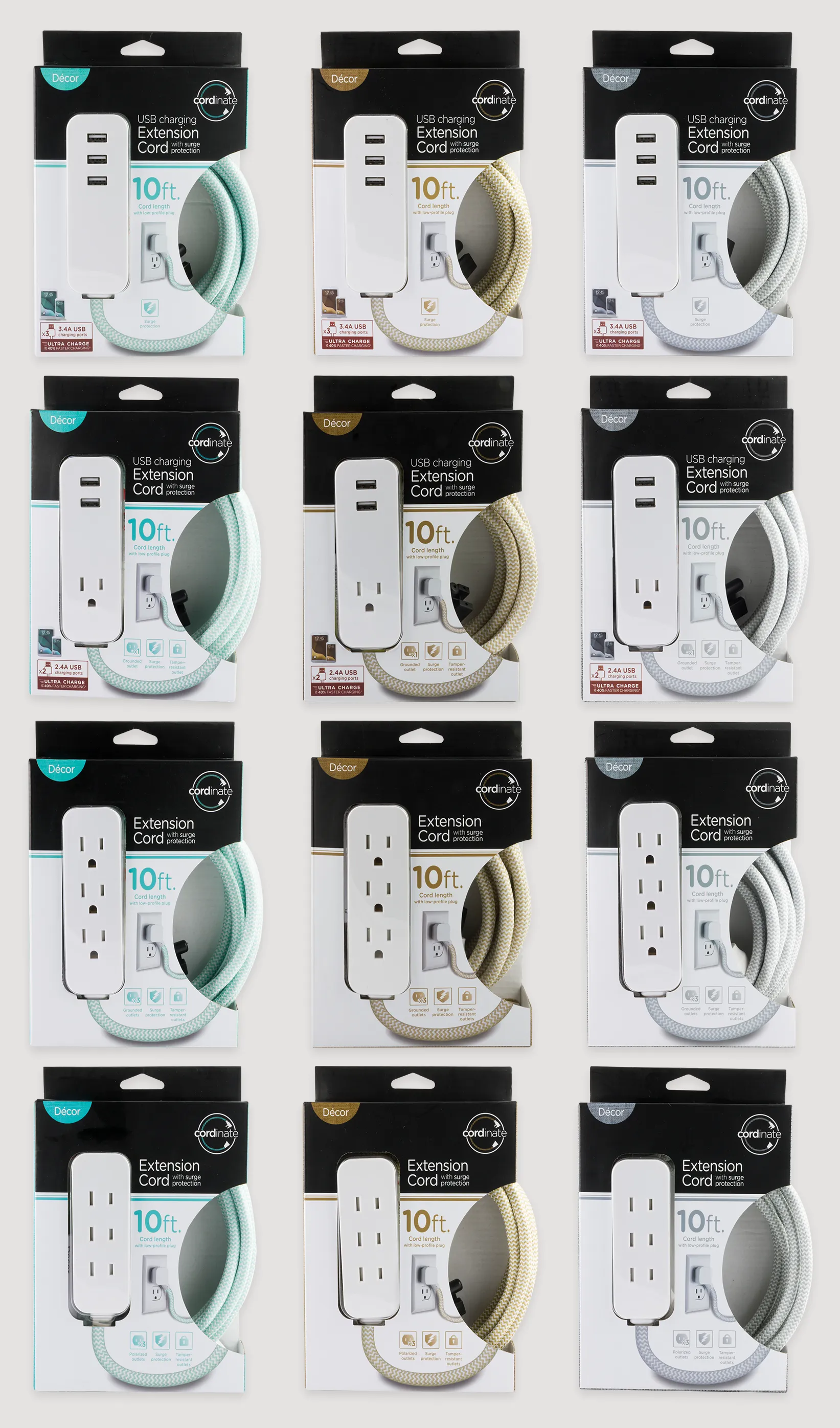 Three columns show straight-on images of the USB extension cord packaging in blue, brown, and gray colors and with different features.