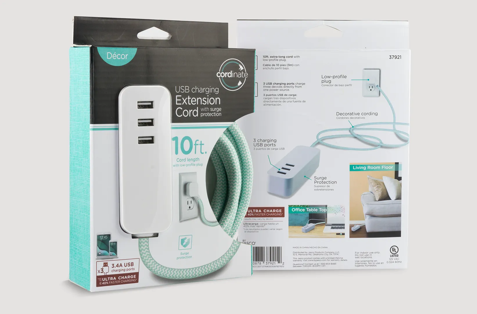Packaging for a blue 10ft. USB extension cord with a braided fabric cable is displayed against a neutral background.