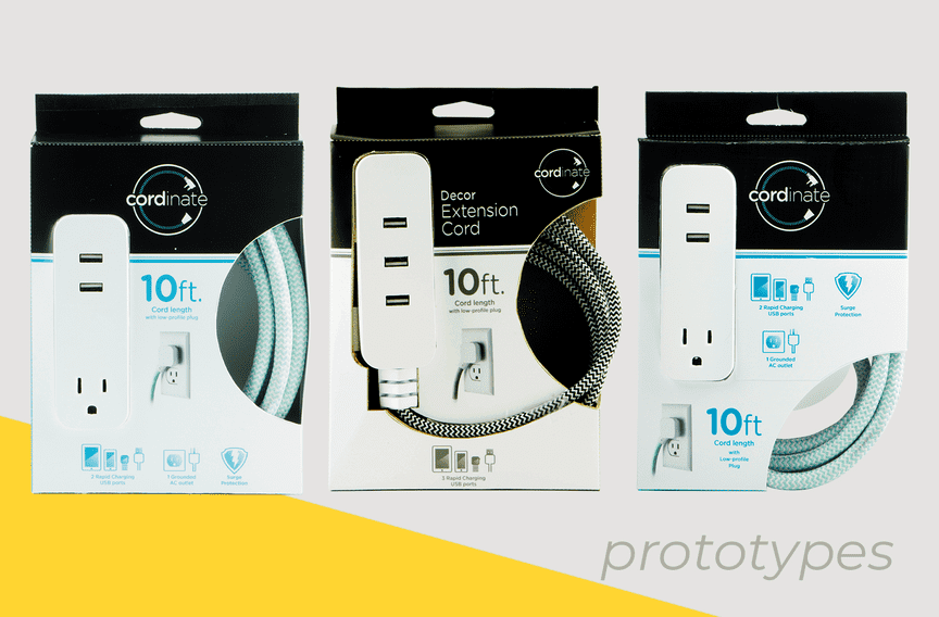 Three different but similar packages show different packaging prototypes for USB extension cords.