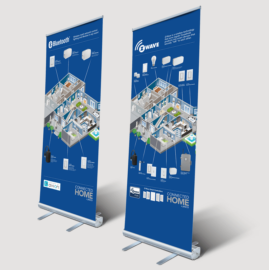Two large blue display banner stands show an isometric home illustration and highlight where Z-Wave technology can be utilized to build a connected home.